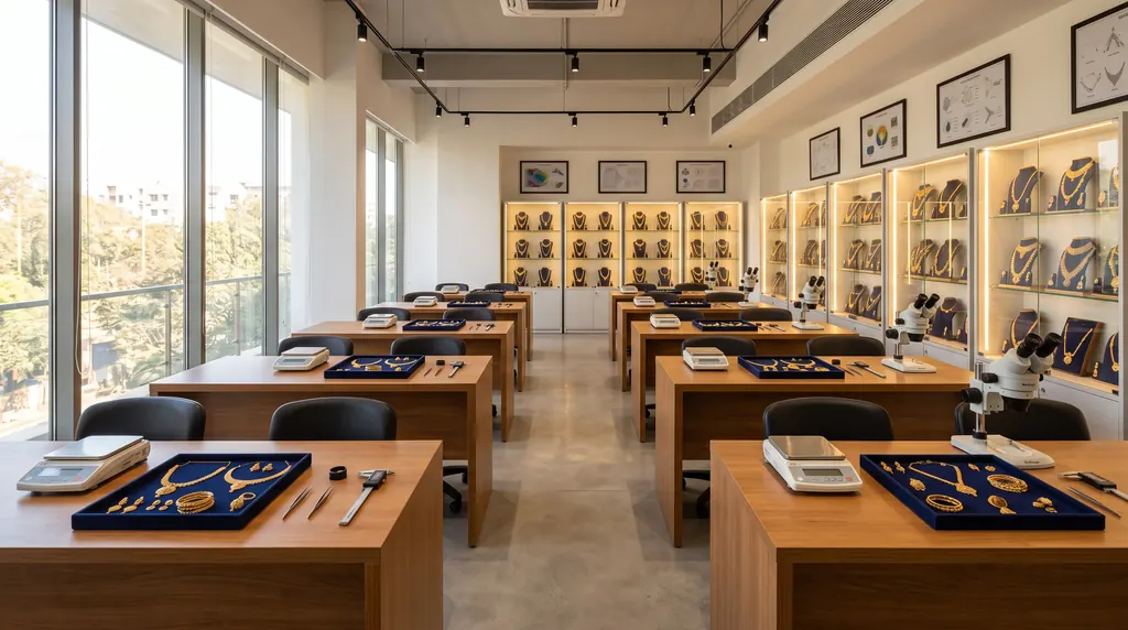 A bright gold appraisal classroom with desks, precision scales, microscopes and trays of gold jewellery
