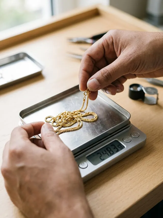 Hands placing a gold chain on a precision digital jewellery scale