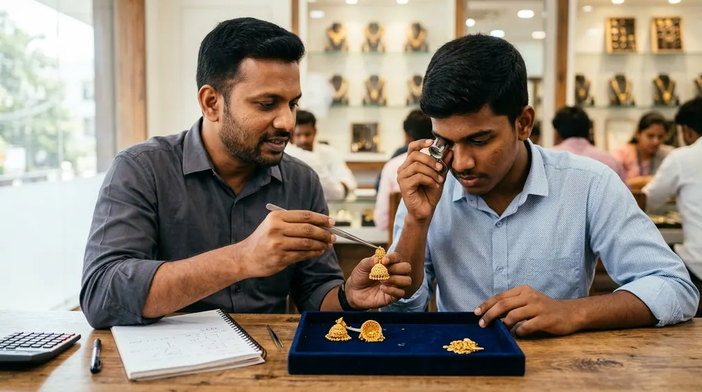 A trainer guiding a student as he examines a gold jhumka earring through a loupe