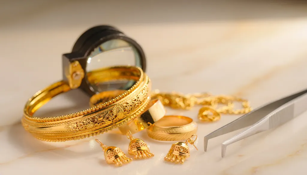 Gold bangles, rings, a chain and jhumka earrings on marble beside a magnifier and tweezers